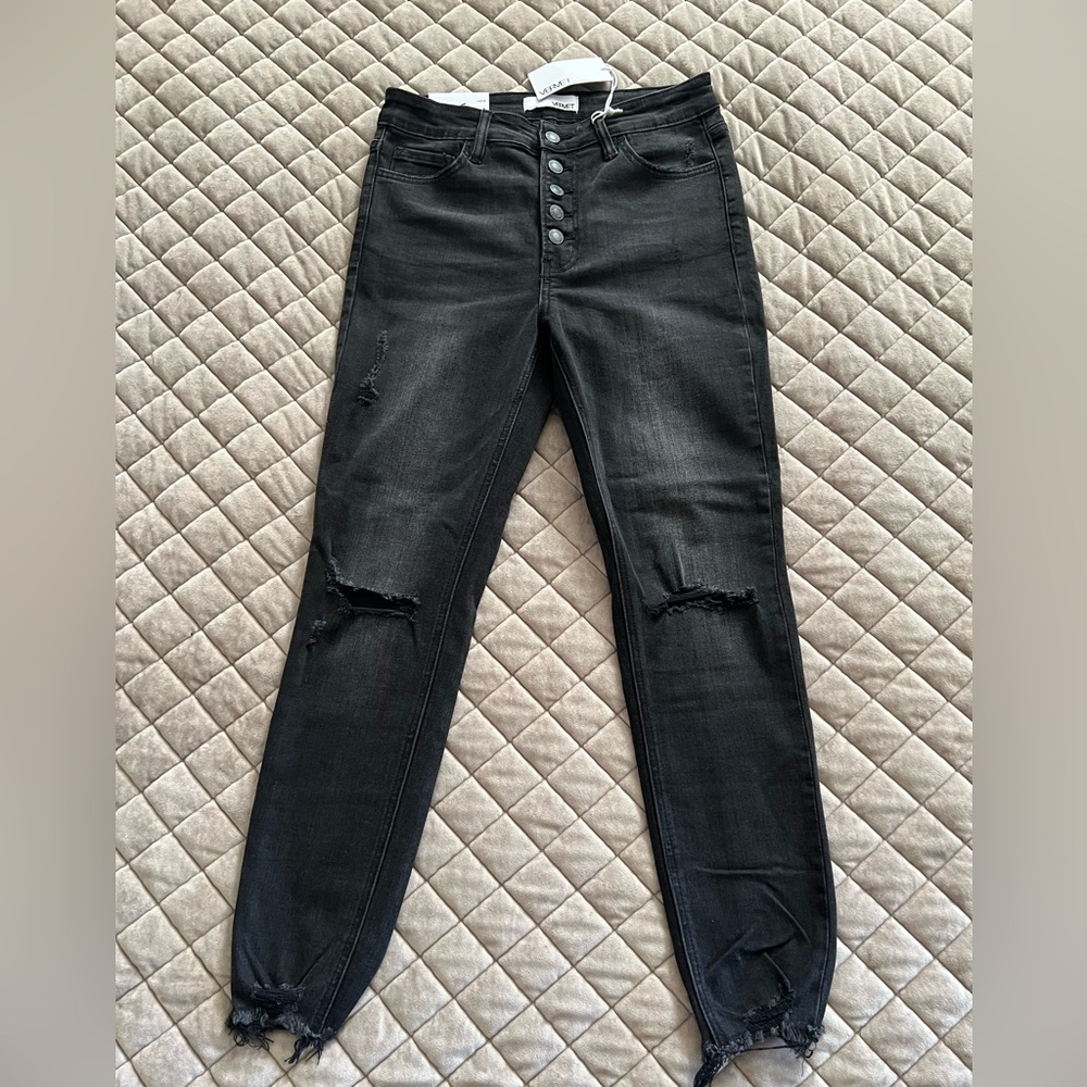 NWT Vervet Haylie high rise Black Distressed Women button fly skinny jeans